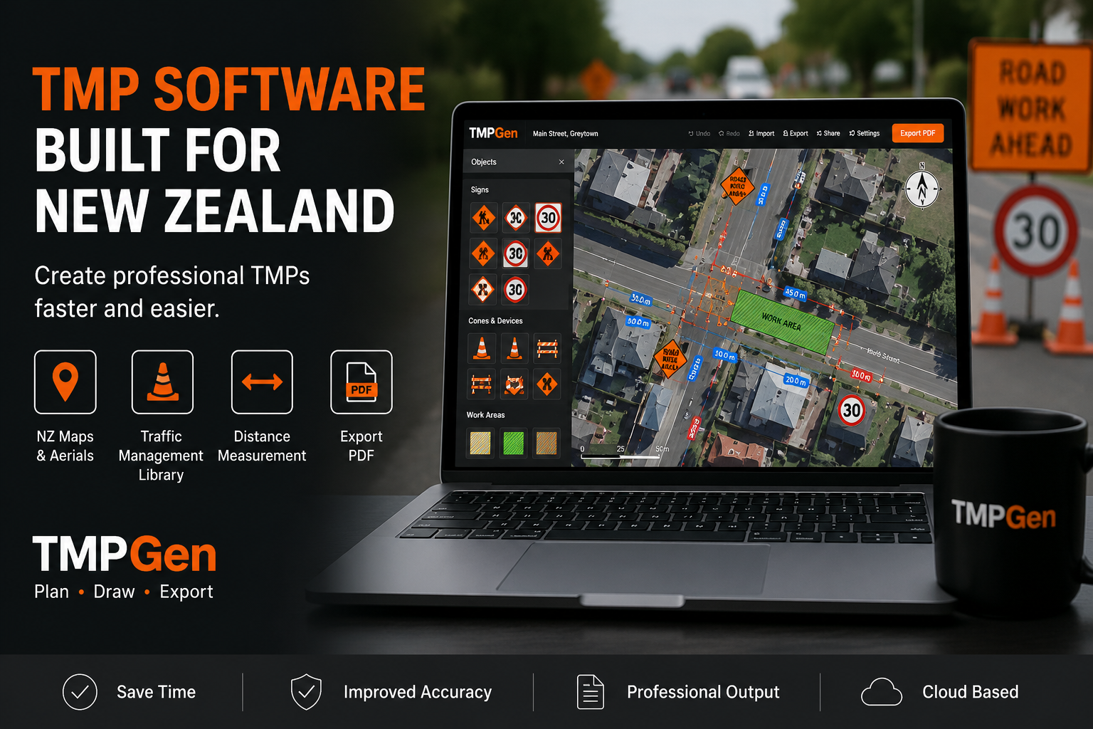 TMPGen — TMP software built for New Zealand, showing the app's map, sign library and cone tools used to plan, draw and export a traffic management plan