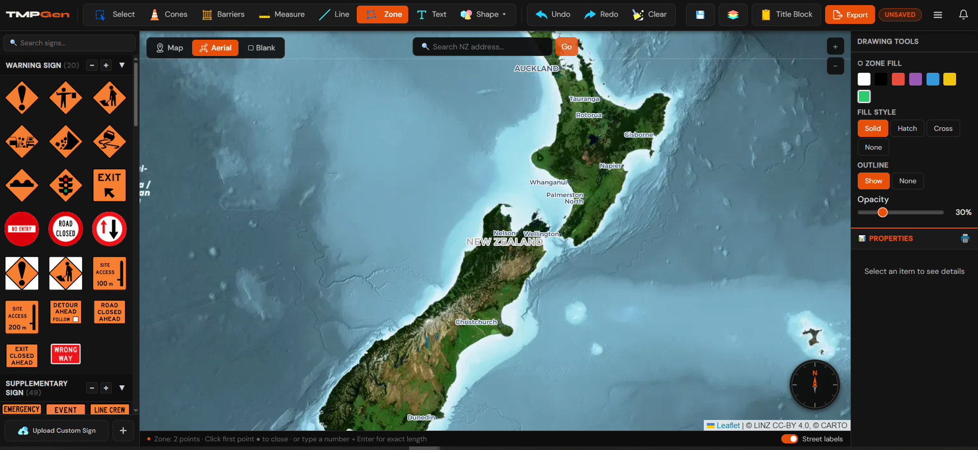 TMPGen drawing tool — signage library, NZ aerial map and properties panel